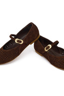 Women's Brown Suede Leather Ballet Flats with Buckle | Derimod