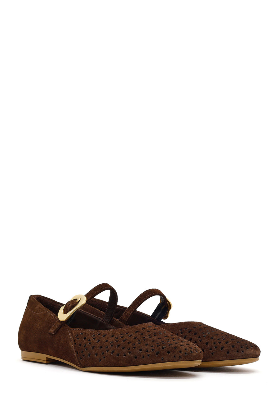 Women's Brown Suede Leather Ballet Flats with Buckle