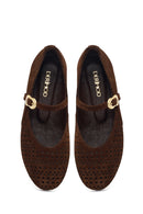 Women's Brown Suede Leather Ballet Flats with Buckle | Derimod