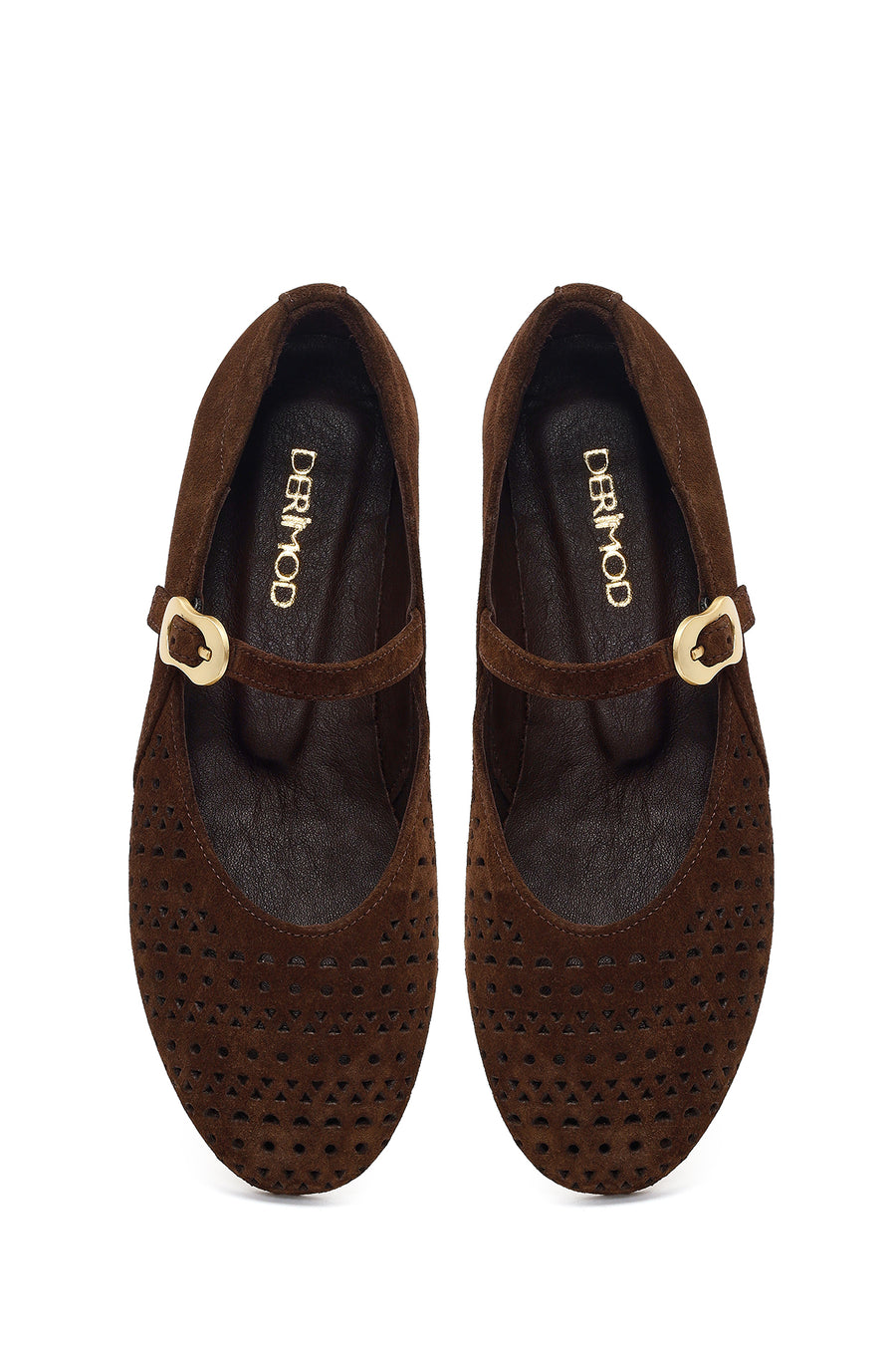 Women's Brown Suede Leather Ballet Flats with Buckle