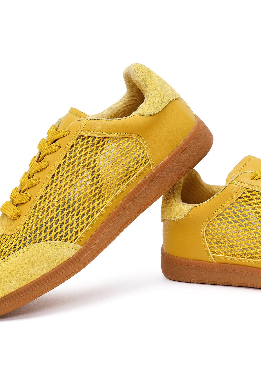 Women's Yellow Lace-Up Mesh Suede Leather Sneaker