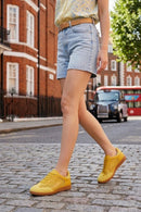 Women's Yellow Lace-Up Mesh Suede Leather Sneaker | Derimod