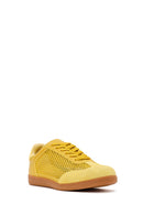 Women's Yellow Lace-Up Mesh Suede Leather Sneaker | Derimod