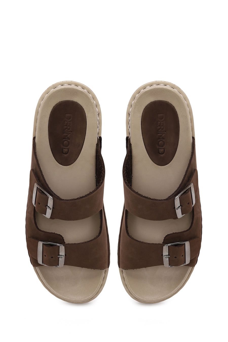 Kadın Kahverengi Çift Tokalı Nubuk Deri Comfort Terlik