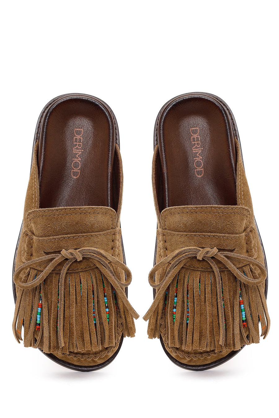 Women's Tan Tassel Suede Leather Slippers