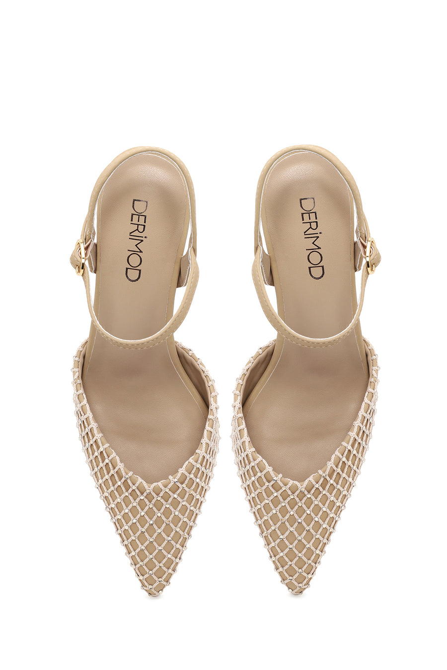 Woman Beige Ankle-Buckle Backless Jeweled Stiletto High Heel