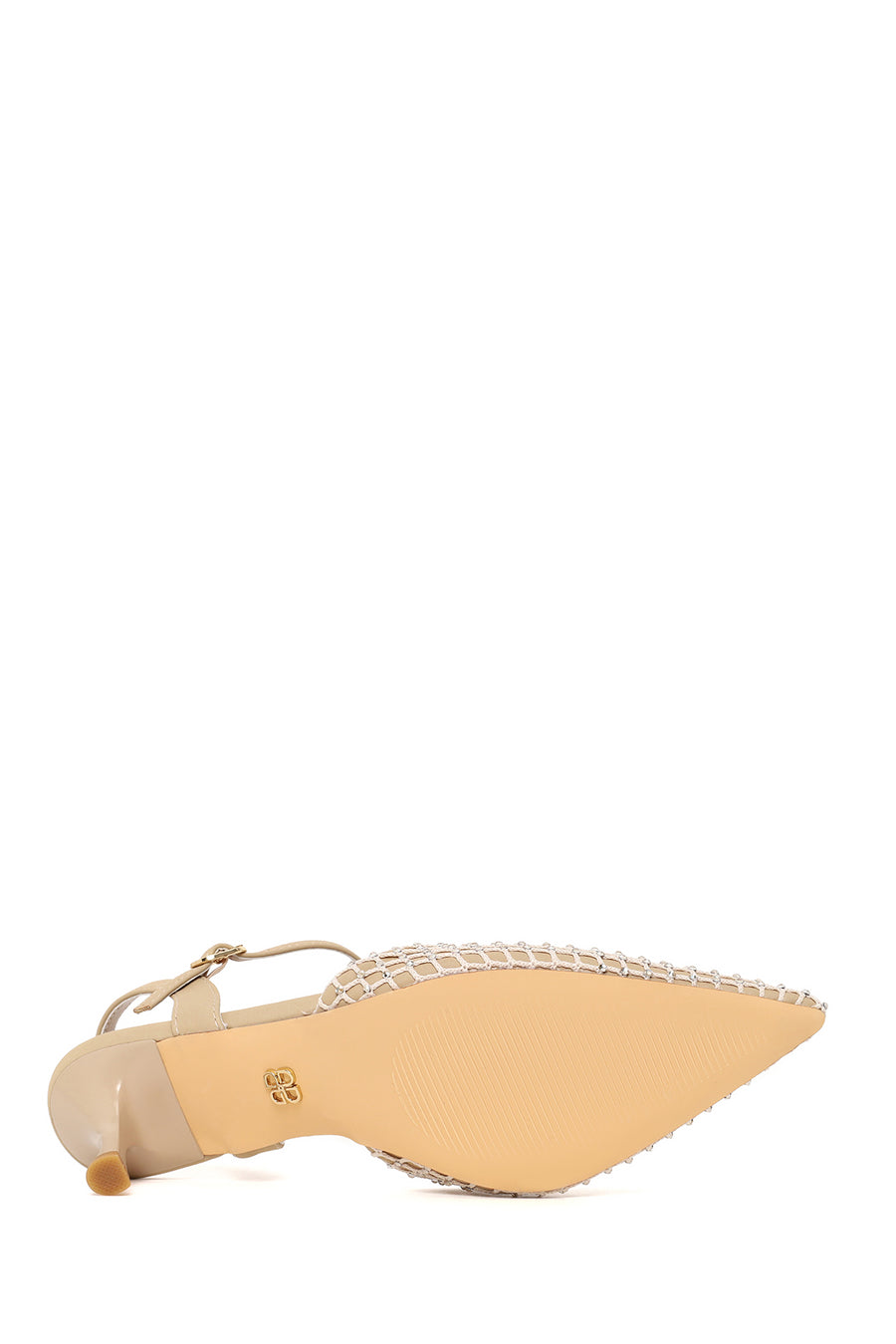 Woman Beige Ankle-Buckle Backless Jeweled Stiletto High Heel