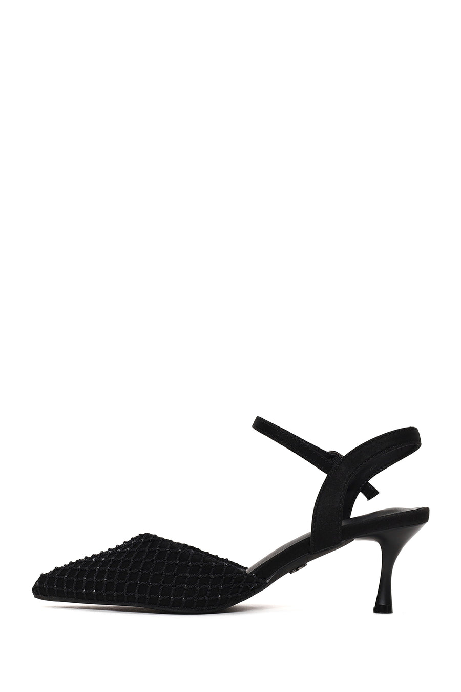 Woman Black Ankle-Buckle Backless Rhinestone Stiletto High Heel