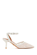 Woman White Ankle-Buckle Floral Embroidered Open-Back Stiletto High Heel | Derimod