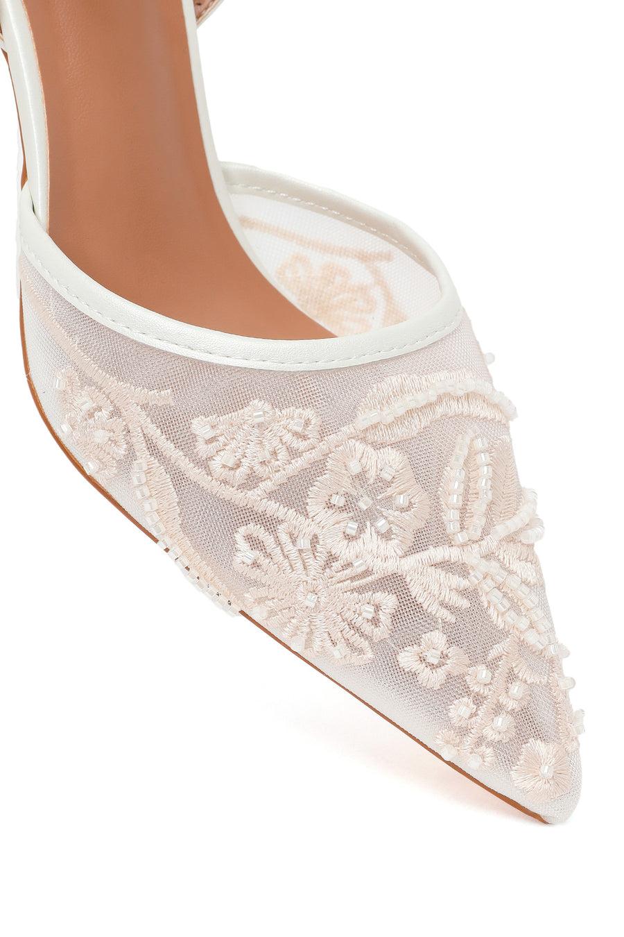 Woman White Ankle-Buckle Floral Embroidered Open-Back Stiletto High Heel