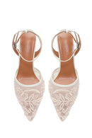 Woman White Ankle-Buckle Floral Embroidered Open-Back Stiletto High Heel | Derimod