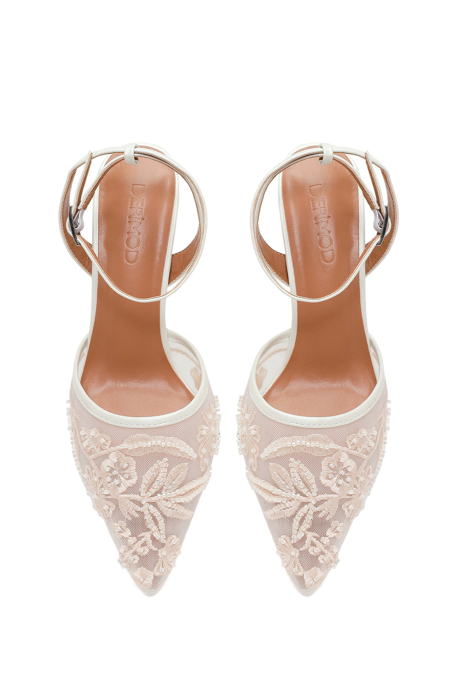 Woman White Ankle-Buckle Floral Embroidered Open-Back Stiletto High Heel