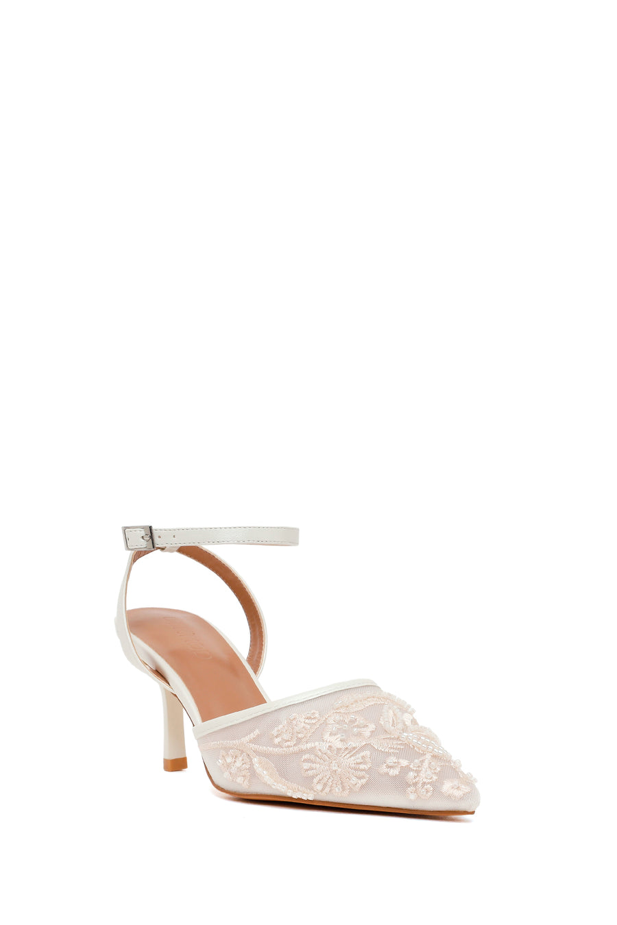 Woman White Ankle-Buckle Floral Embroidered Open-Back Stiletto High Heel