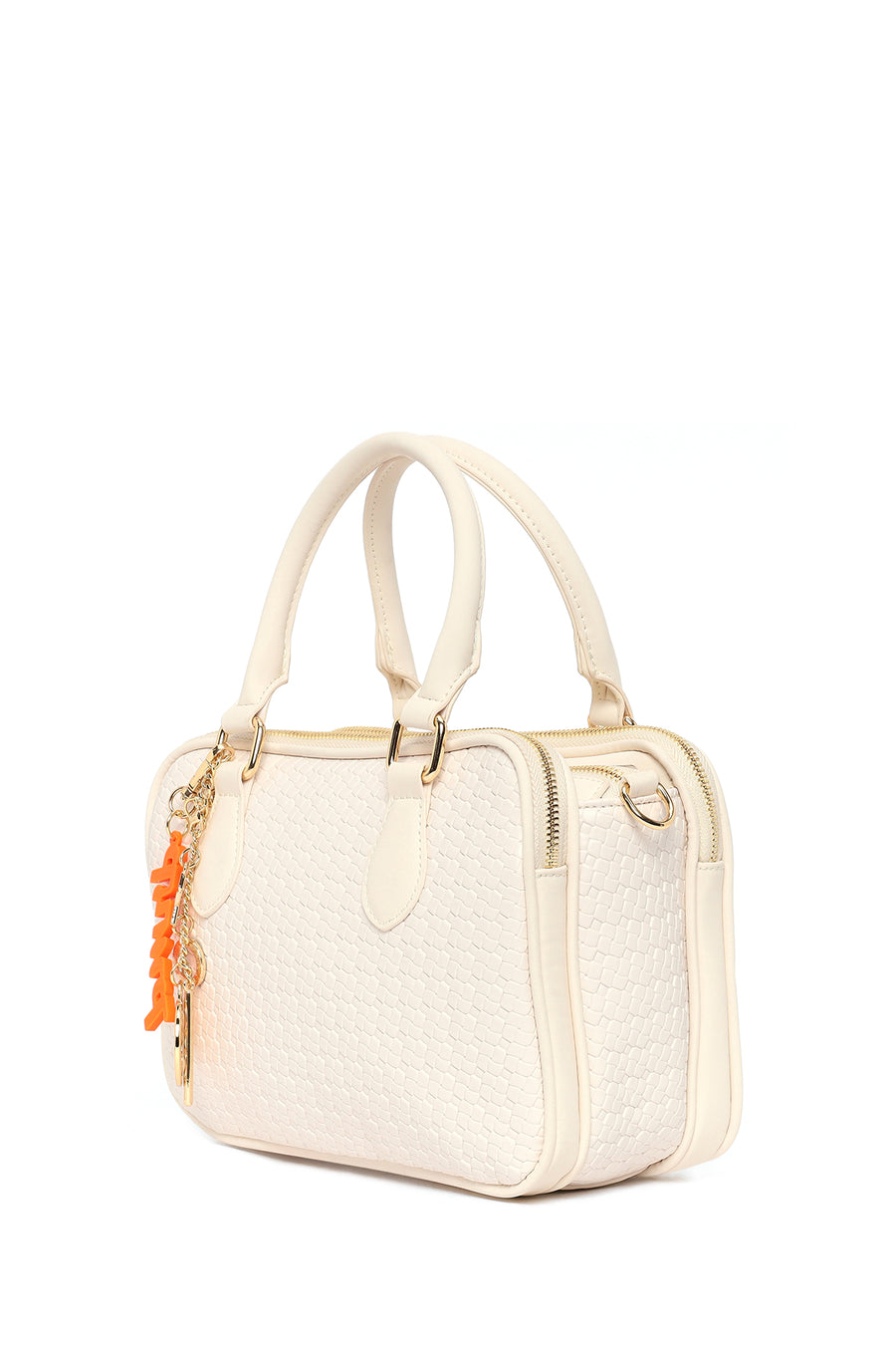 Women's Cream Long Strap Printed Charm Handbag