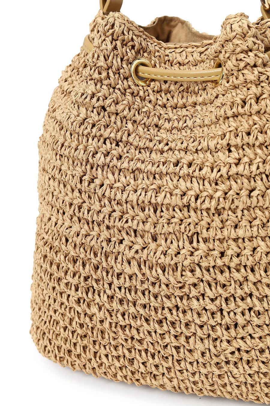 Woman Beige Long-Strap Drawstring Straw Shoulder Bag