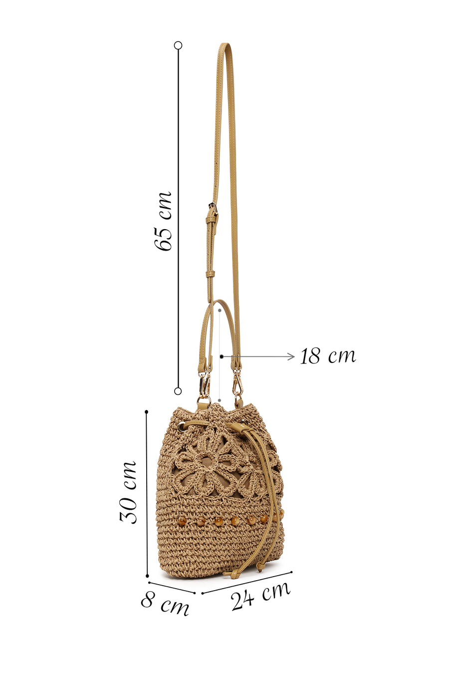 Woman Beige Long-Strap Drawstring Straw Shoulder Bag