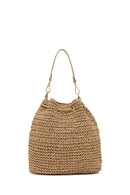 Woman Beige Long-Strap Drawstring Straw Shoulder Bag | Derimod