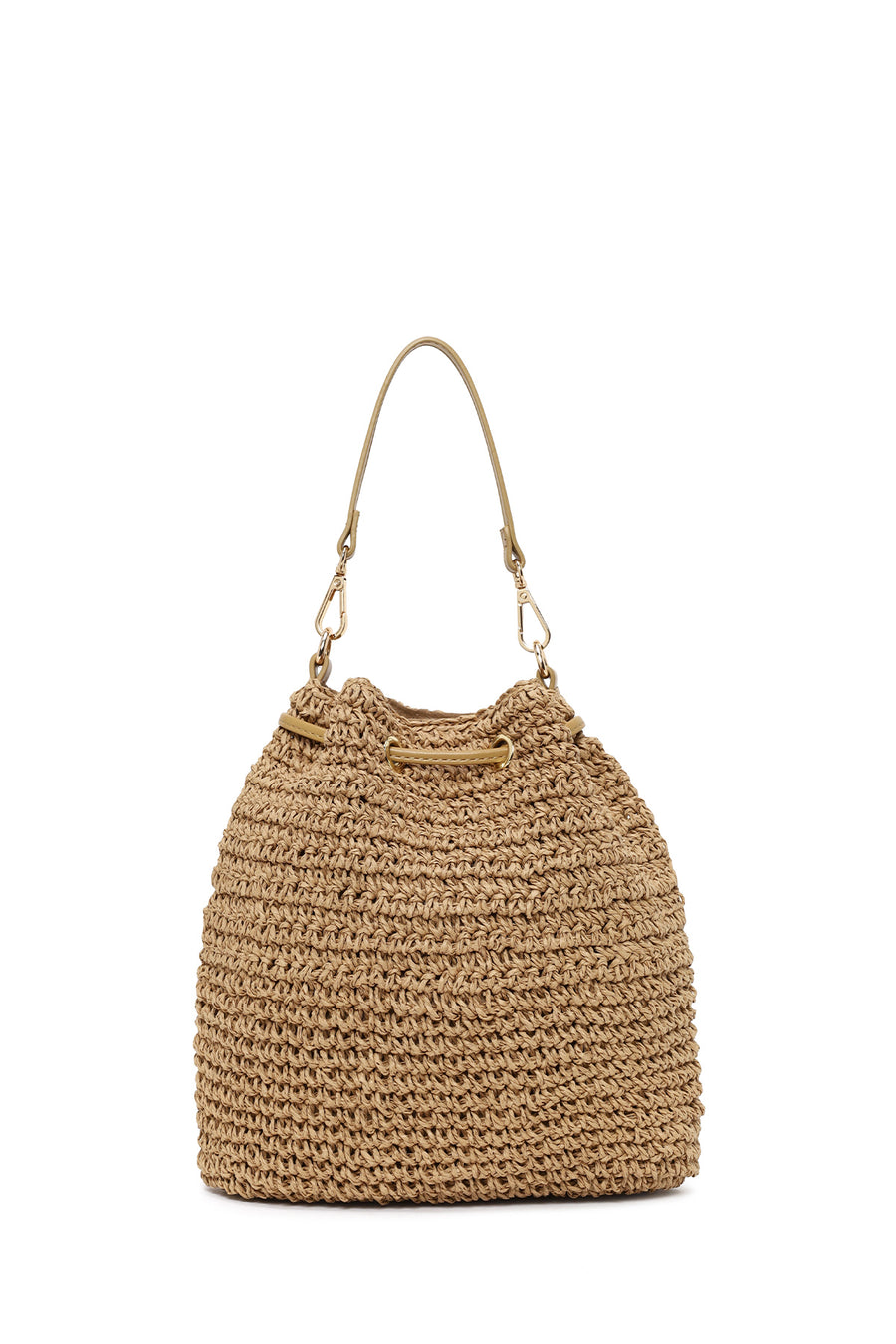 Woman Beige Long-Strap Drawstring Straw Shoulder Bag