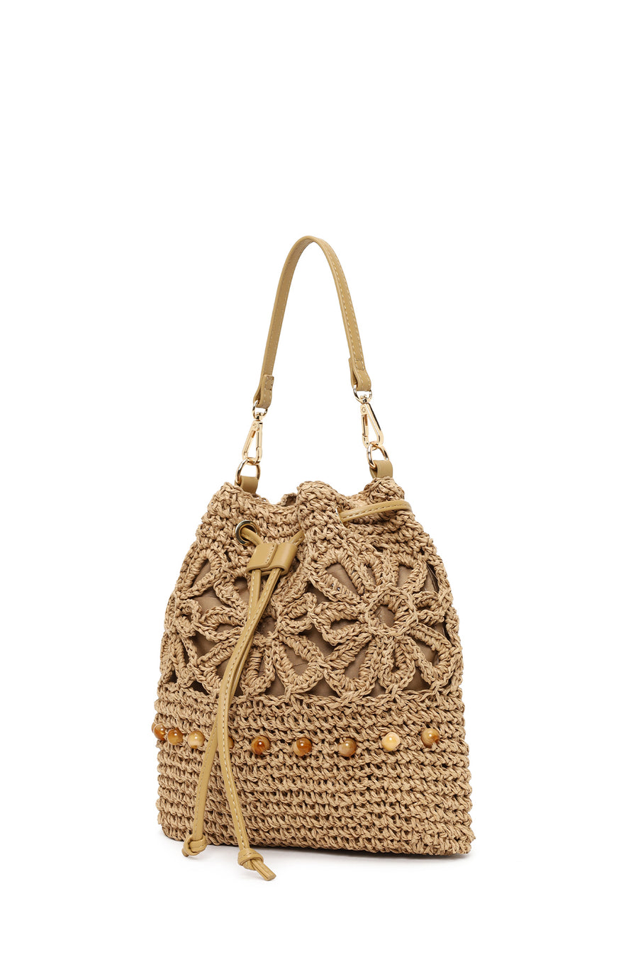 Woman Beige Long-Strap Drawstring Straw Shoulder Bag