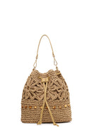 Woman Beige Long-Strap Drawstring Straw Shoulder Bag | Derimod