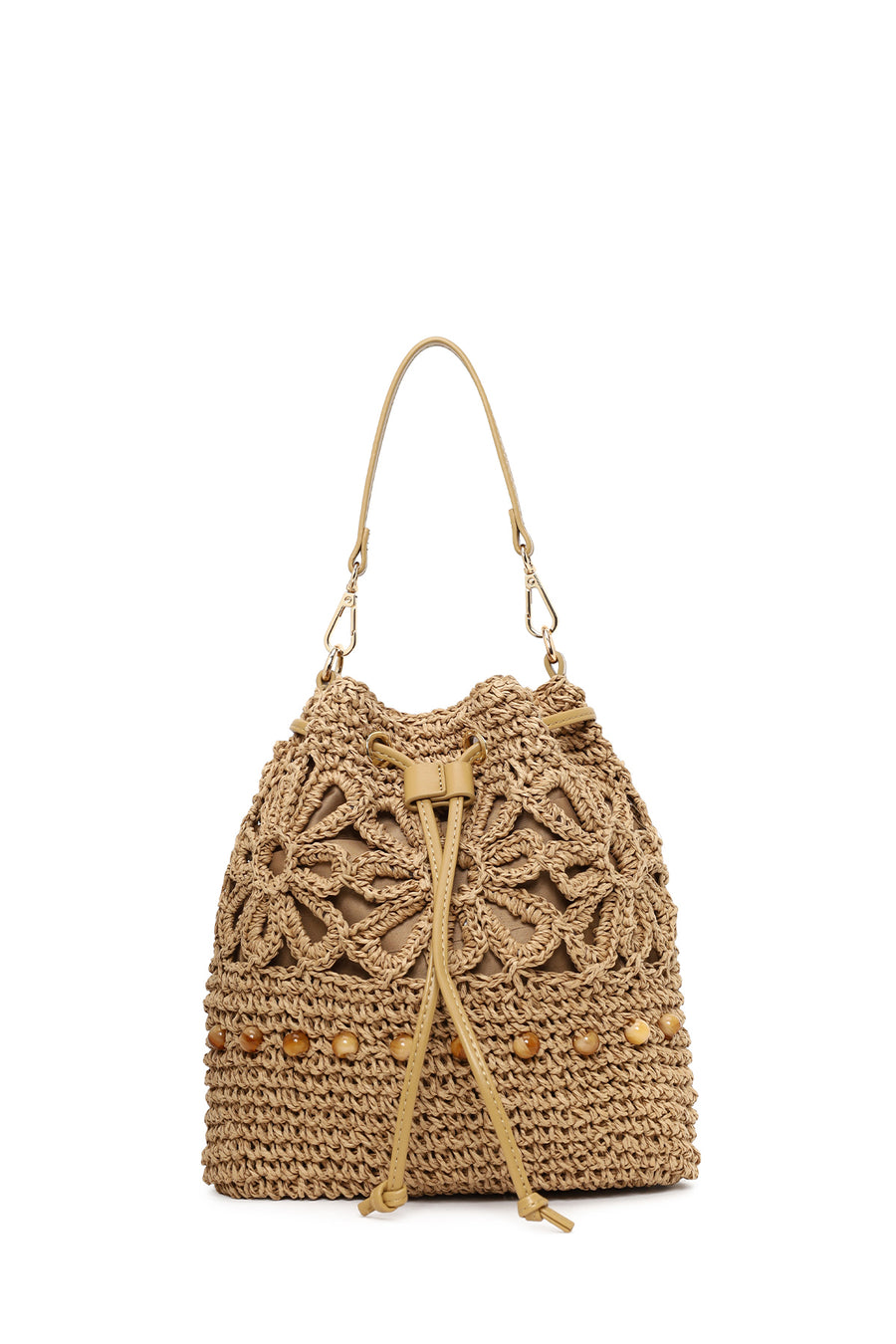 Woman Beige Long-Strap Drawstring Straw Shoulder Bag