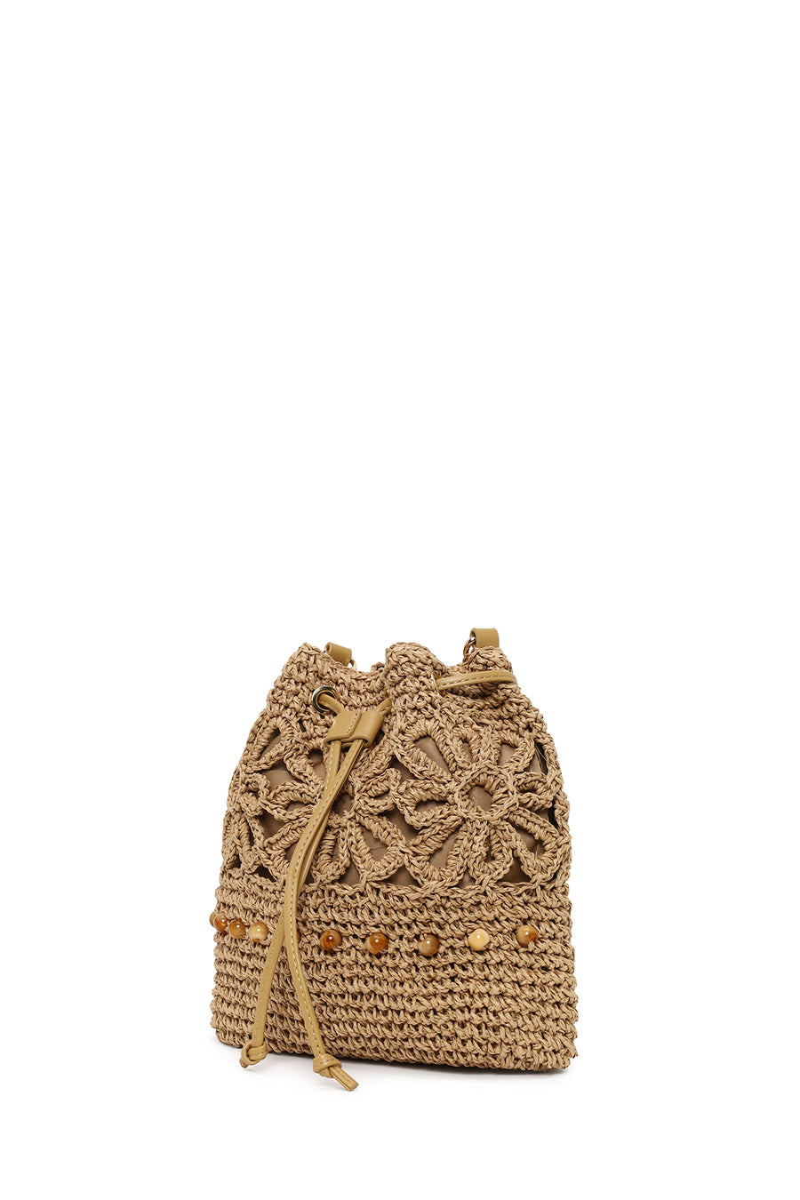 Woman Beige Long-Strap Drawstring Straw Shoulder Bag