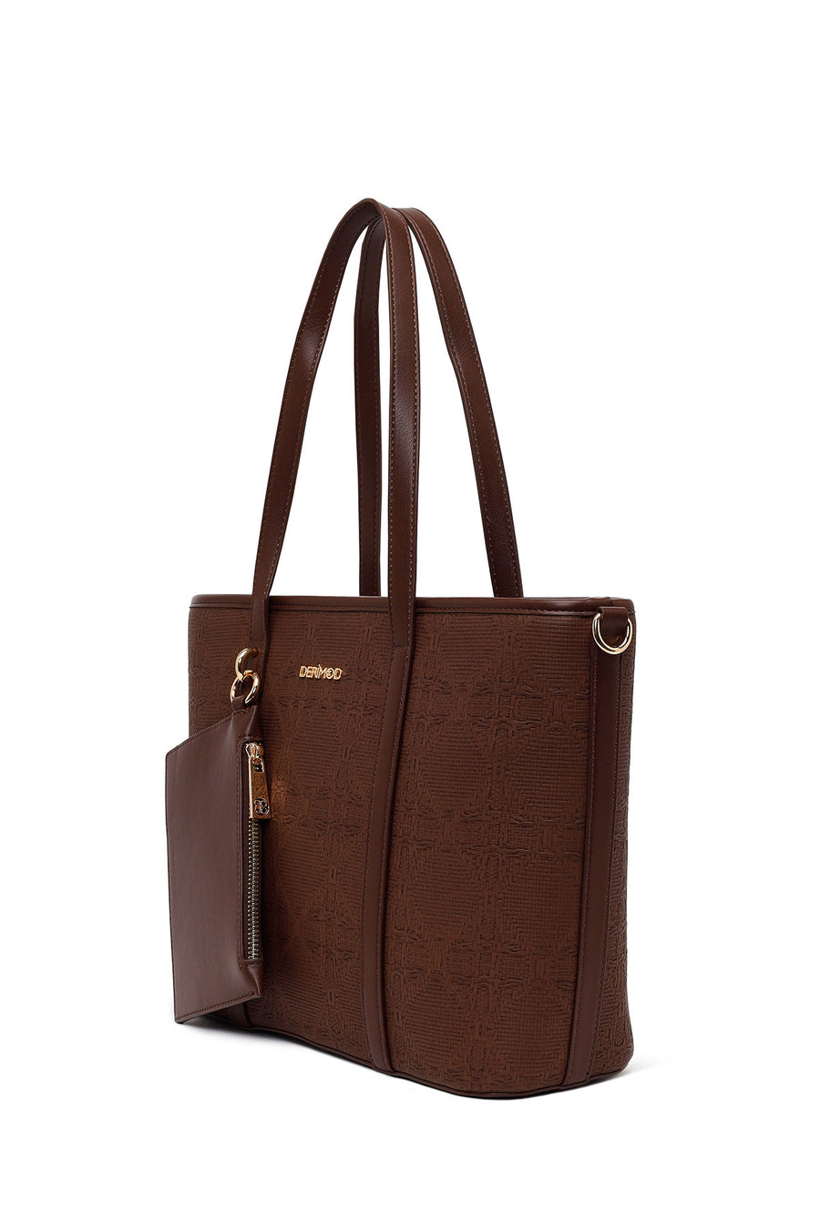 Woman Brown Long-Strap Patterned Wicker Shoulder Bag