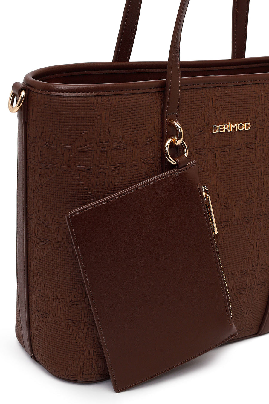 Woman Brown Long-Strap Patterned Wicker Shoulder Bag