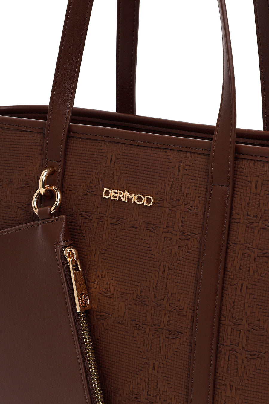 Woman Brown Long-Strap Patterned Wicker Shoulder Bag