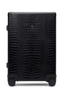 Unisex Black Croc-Effect Mini Cabin-Size Leather Suitcase | Derimod