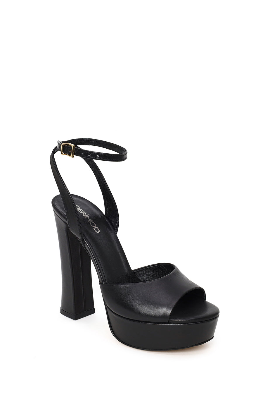 Woman Black Ankle-Buckle High Chunky-Heel Platform Leather Sandal