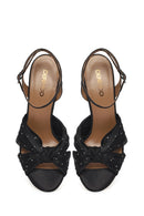Women's Black Ankle Buckle High Thin Heel Fabric Sandals | Derimod