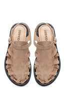 Woman Beige Buckled Suede Leather Sandal | Derimod