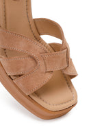 Women's Beige Ankle Buckle Chunky Heel Suede Leather Sandals | Derimod