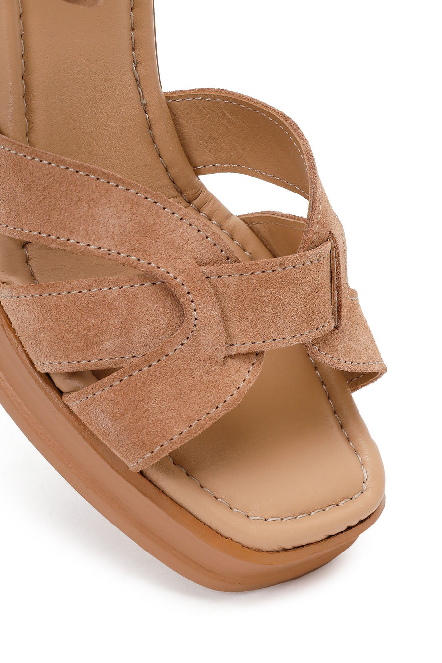 Women's Beige Ankle Buckle Chunky Heel Suede Leather Sandals