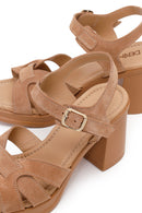 Women's Beige Ankle Buckle Chunky Heel Suede Leather Sandals | Derimod