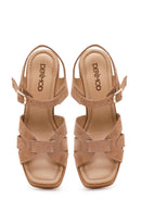 Women's Beige Ankle Buckle Chunky Heel Suede Leather Sandals | Derimod