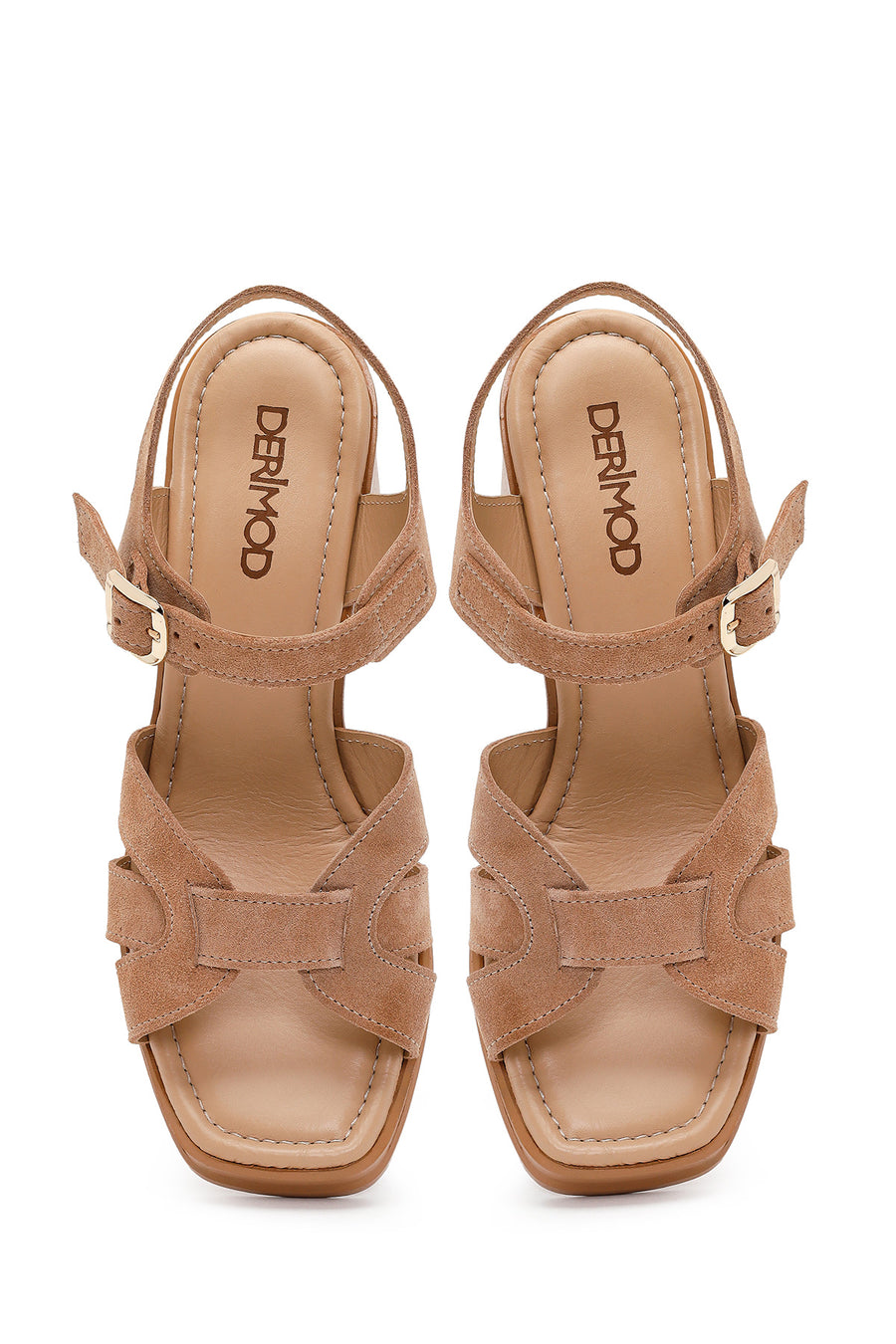 Women's Beige Ankle Buckle Chunky Heel Suede Leather Sandals