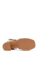 Women's Beige Ankle Buckle Chunky Heel Suede Leather Sandals | Derimod