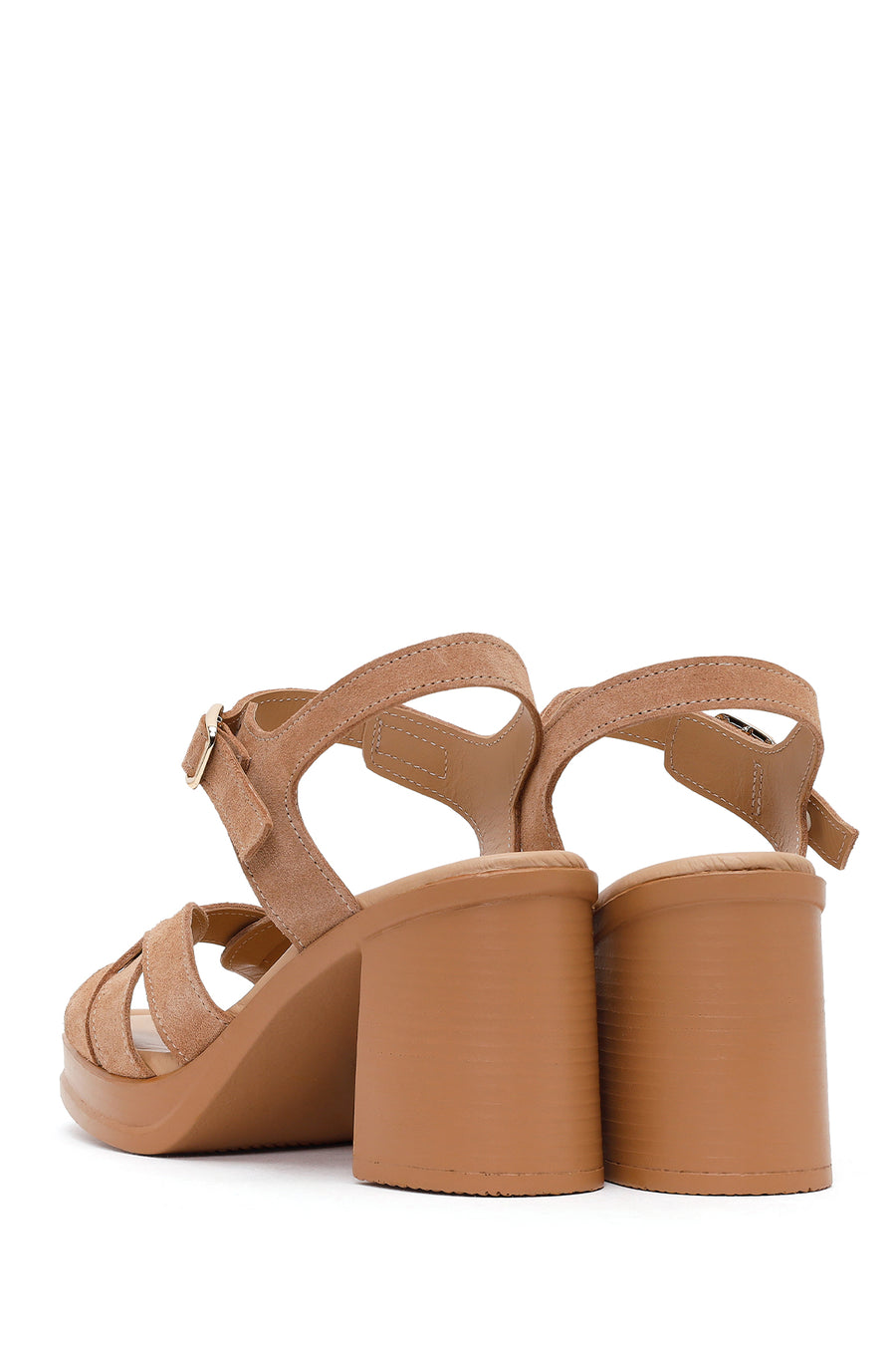 Women's Beige Ankle Buckle Chunky Heel Suede Leather Sandals