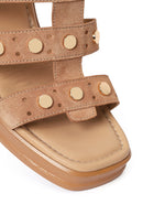 Women's Beige Ankle Buckle Studded Chunky Heel Suede Leather Sandals | Derimod