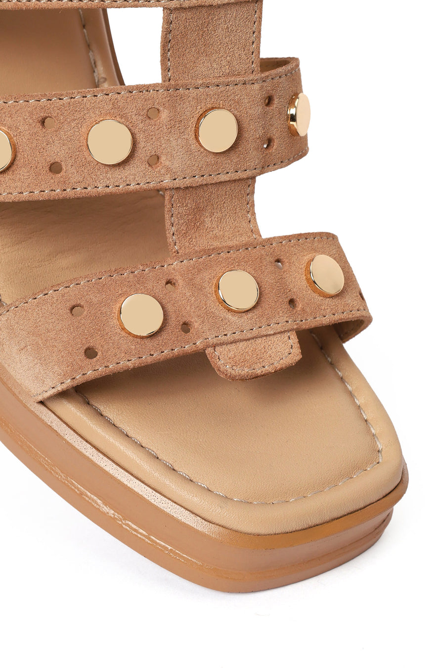 Women's Beige Ankle Buckle Studded Chunky Heel Suede Leather Sandals