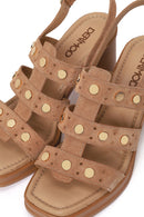 Women's Beige Ankle Buckle Studded Chunky Heel Suede Leather Sandals | Derimod