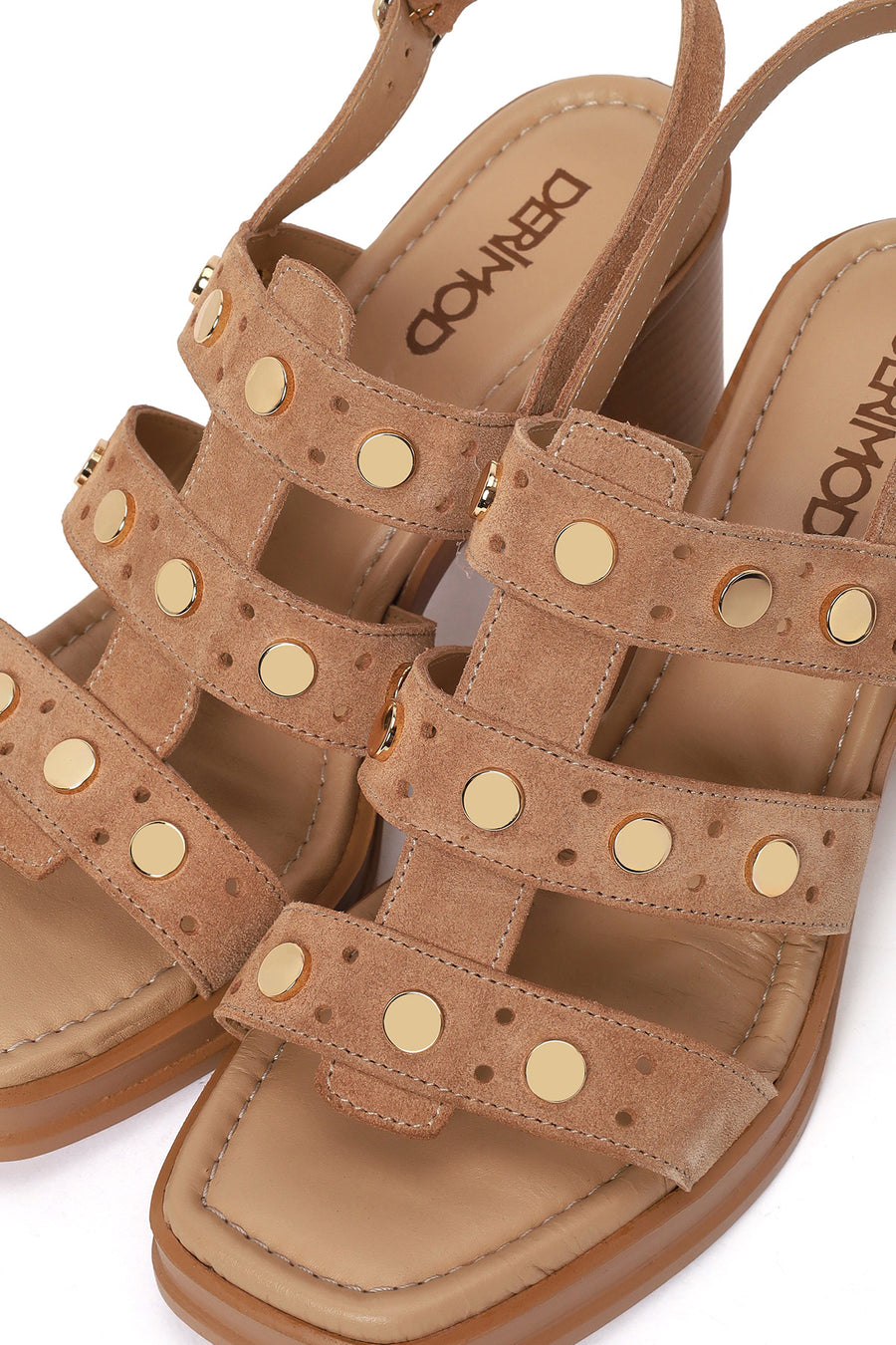 Women's Beige Ankle Buckle Studded Chunky Heel Suede Leather Sandals