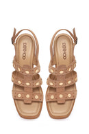 Women's Beige Ankle Buckle Studded Chunky Heel Suede Leather Sandals | Derimod