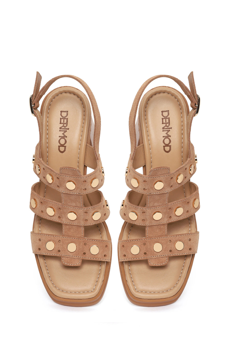 Women's Beige Ankle Buckle Studded Chunky Heel Suede Leather Sandals