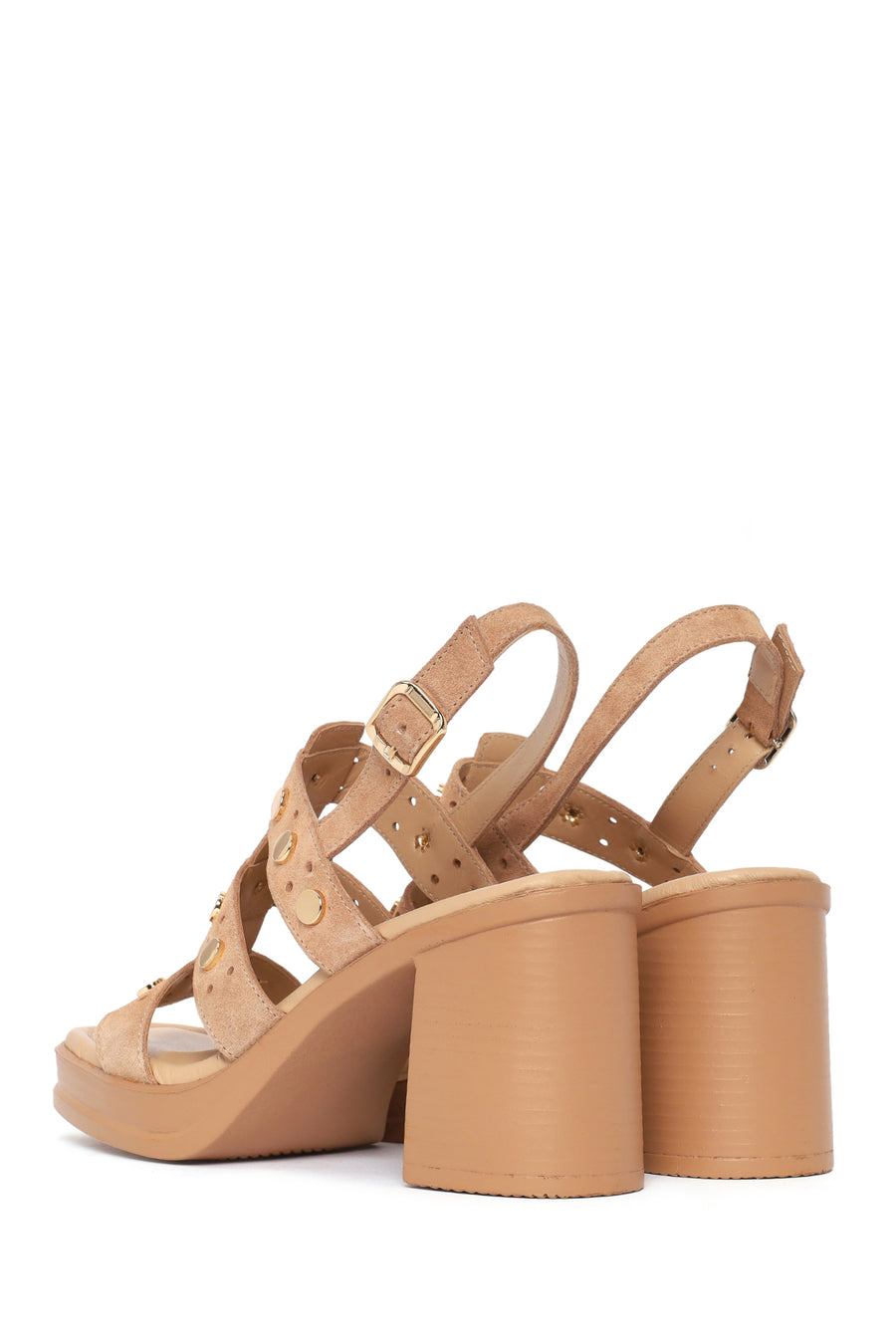 Women's Beige Ankle Buckle Studded Chunky Heel Suede Leather Sandals