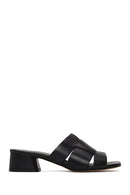 Woman Black Short Thick-Heeled Leather Slipper | Derimod