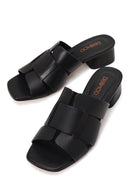 Woman Black Short Thick-Heeled Leather Slipper | Derimod