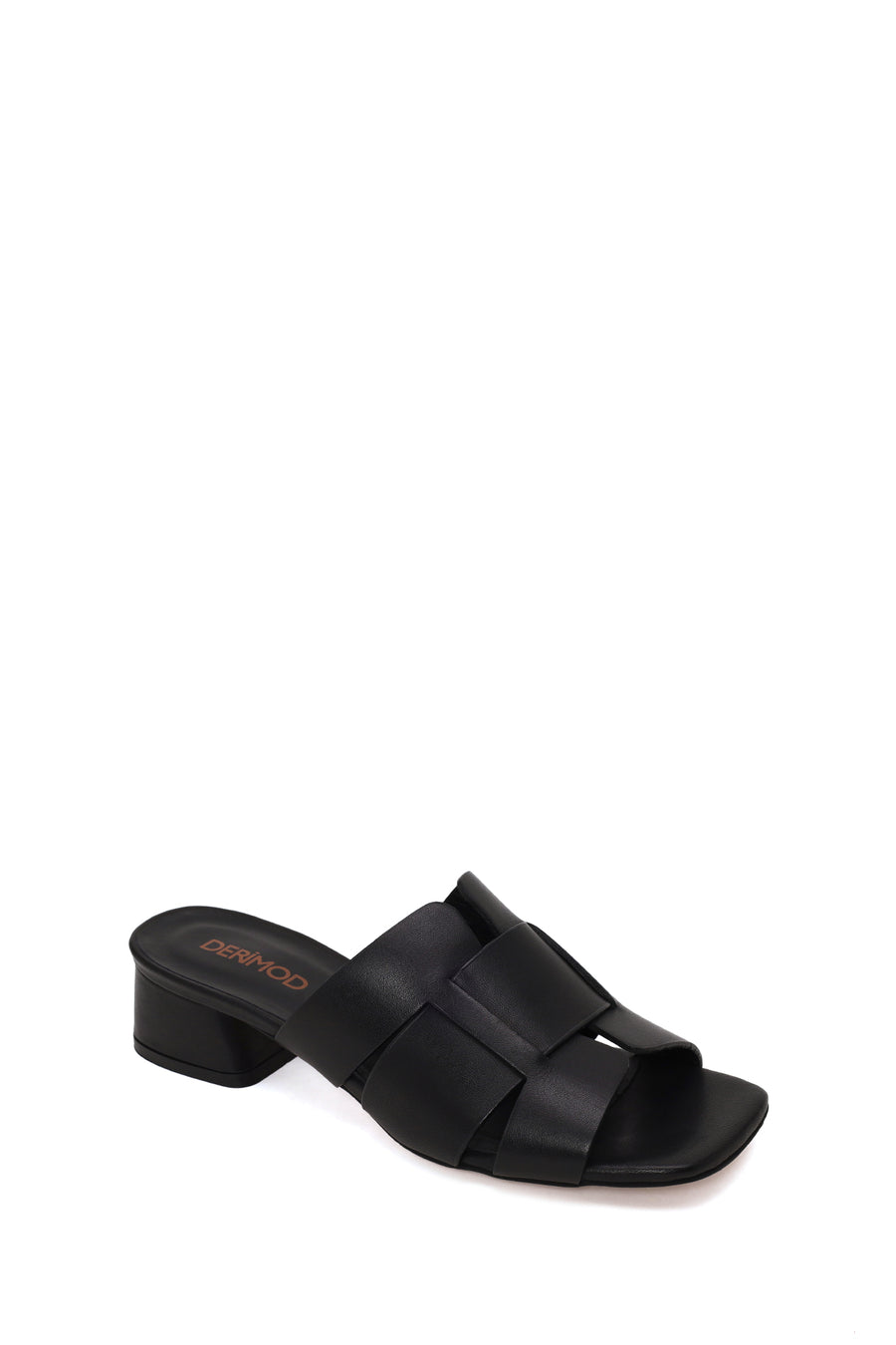 Woman Black Short Thick-Heeled Leather Slipper